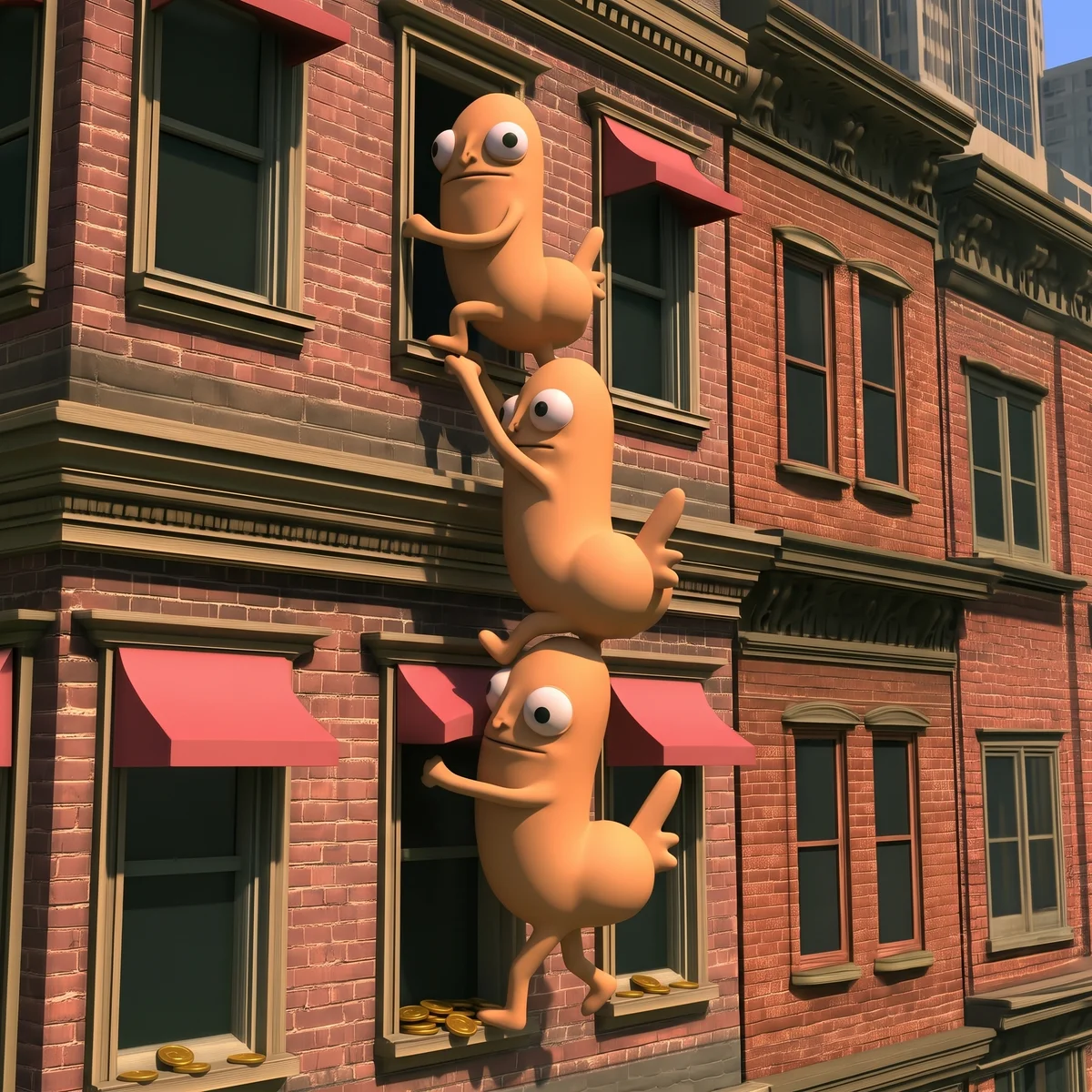 Three characters climbing the outside of a brick building
