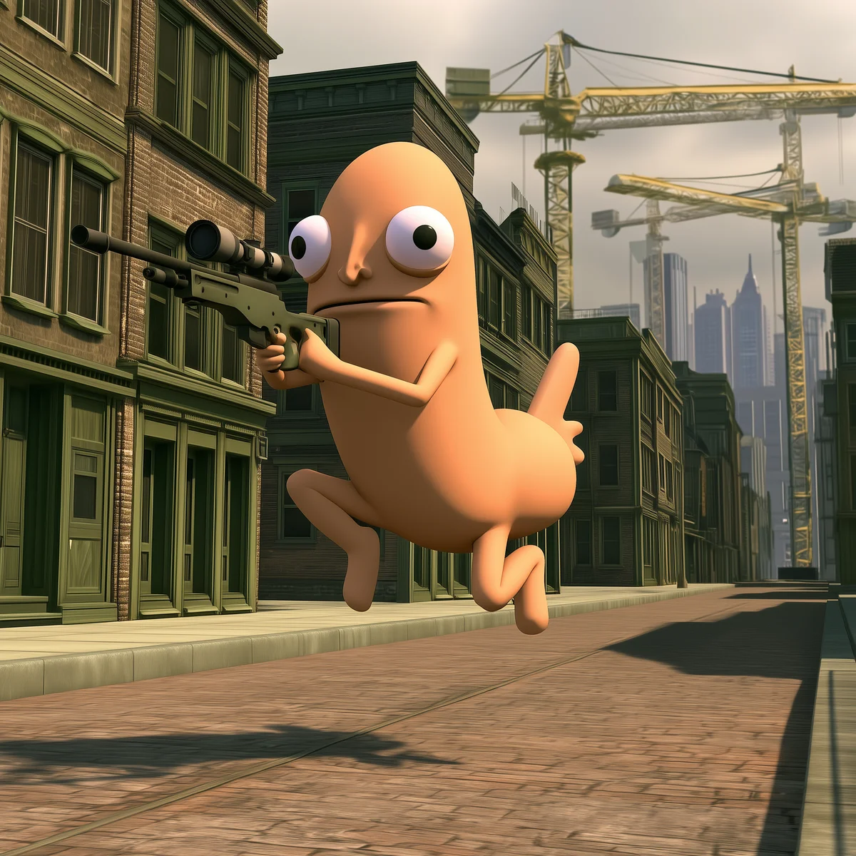 Running through a city street carrying a scoped rifle