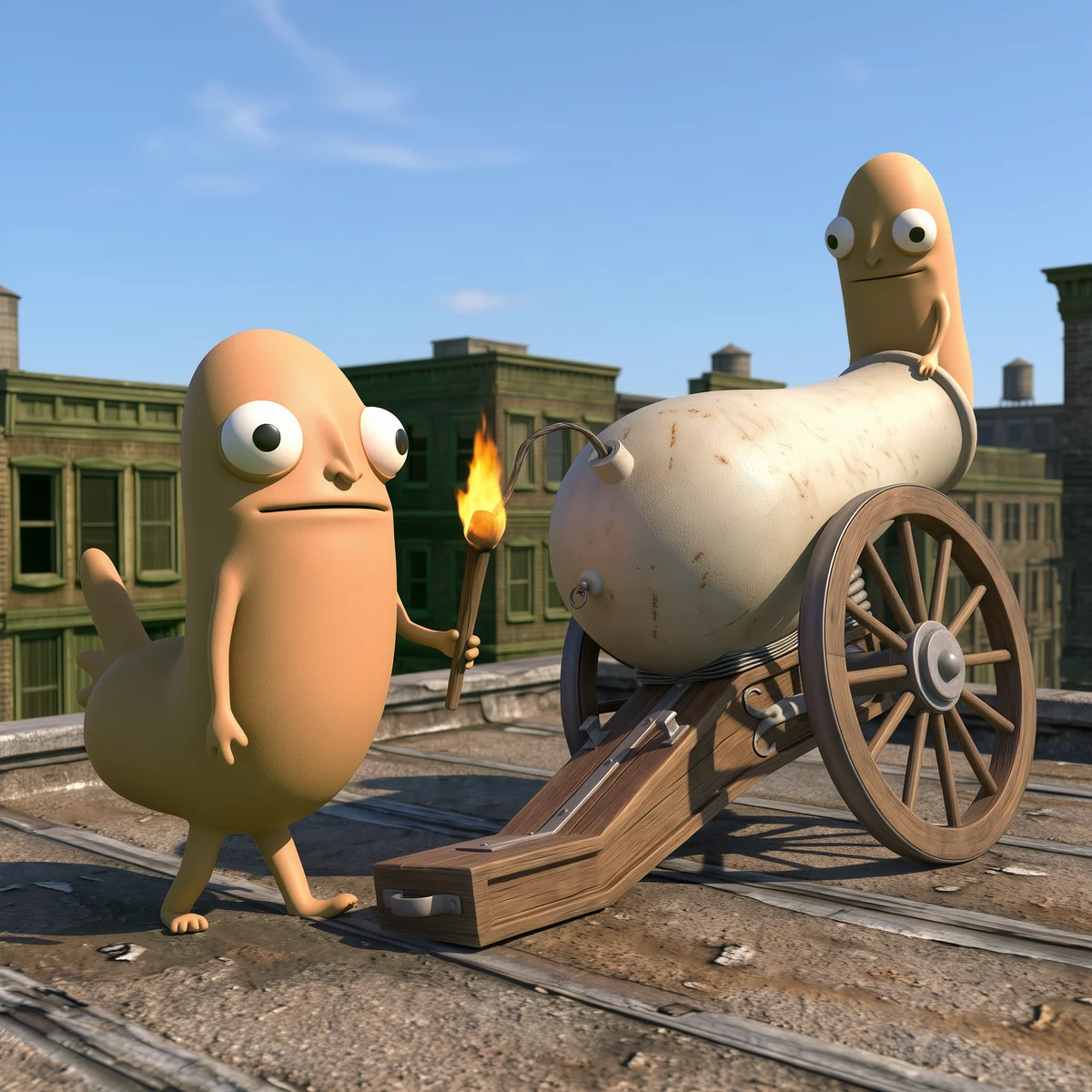 Holding a torch beside a cannon with another character inside