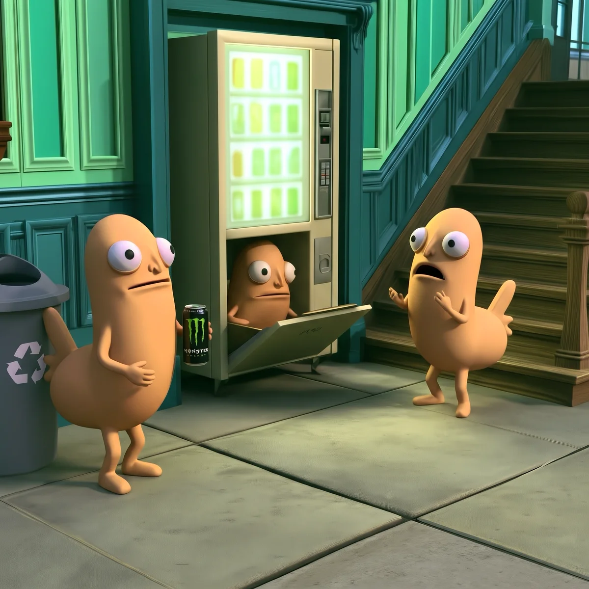 Three characters playing hide-and-seek near a staircase