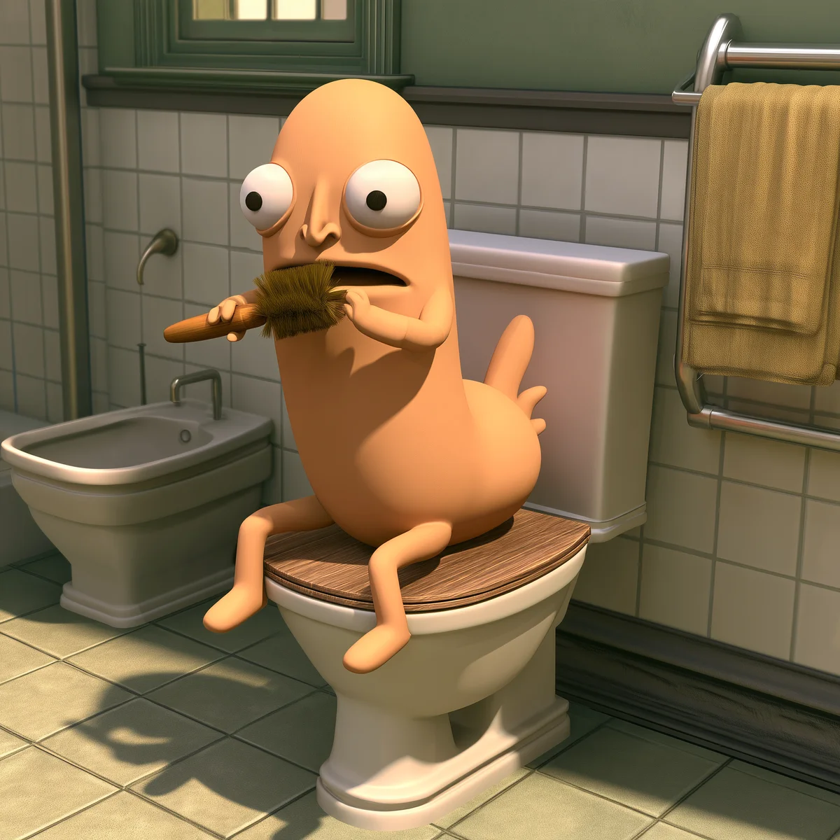 Sitting on a toilet holding a rubber chicken