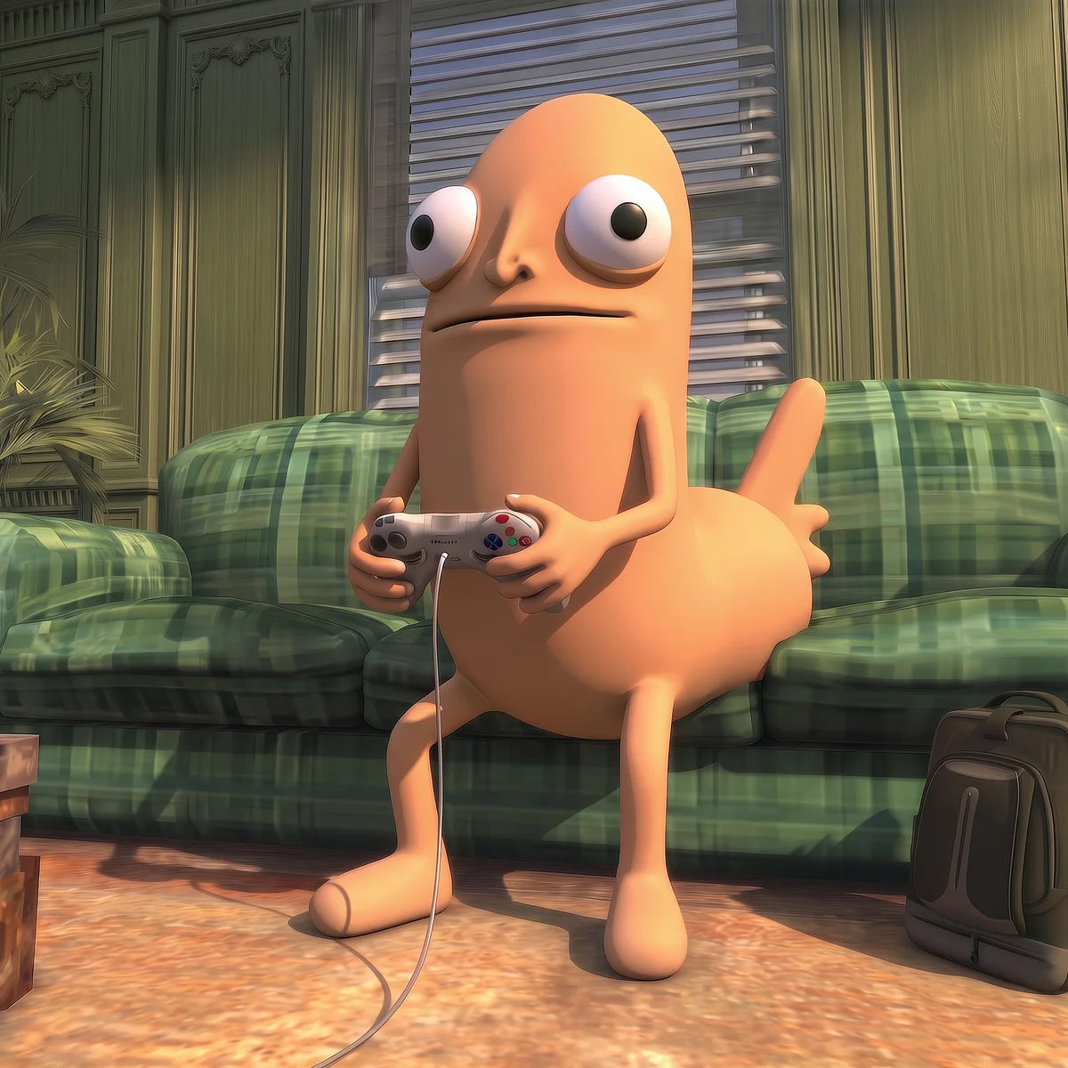 Holding a game controller in a living room