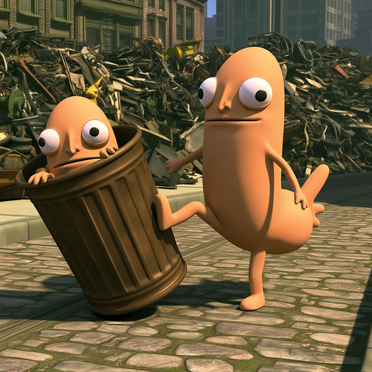Kicking a trash can with another character inside