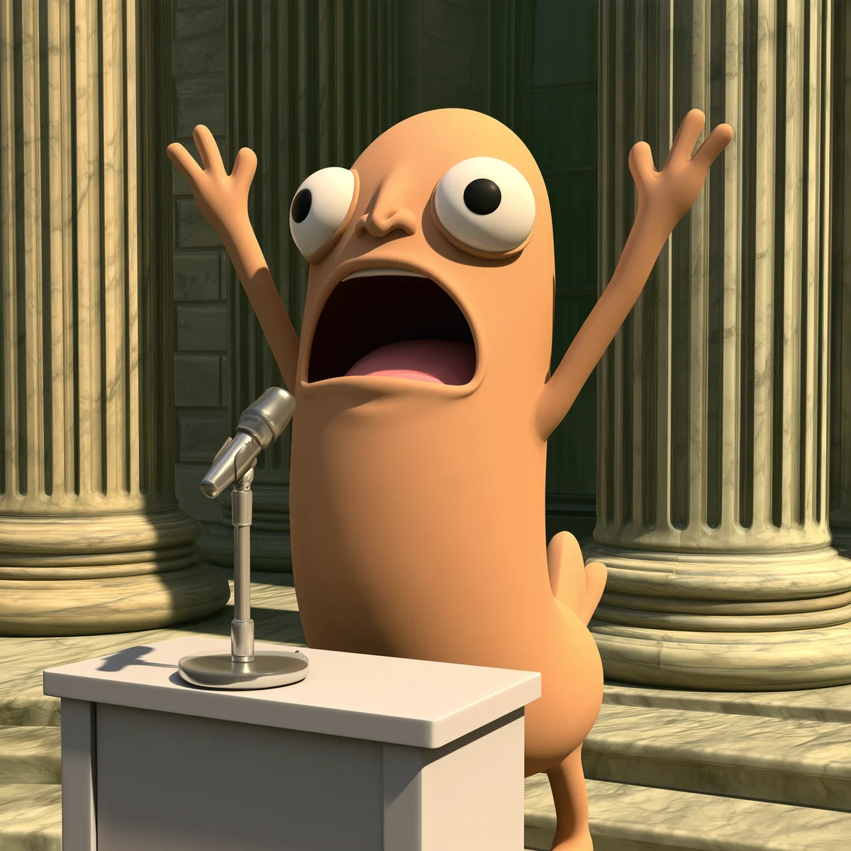 Raising both arms while speaking into a microphone